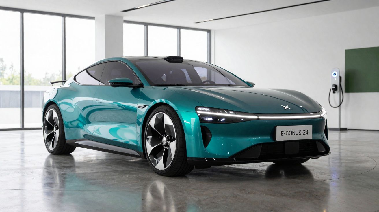 Carro esportivo elétrico verde metálico estacionado em garagem moderna com estação de recarga na parede branca.