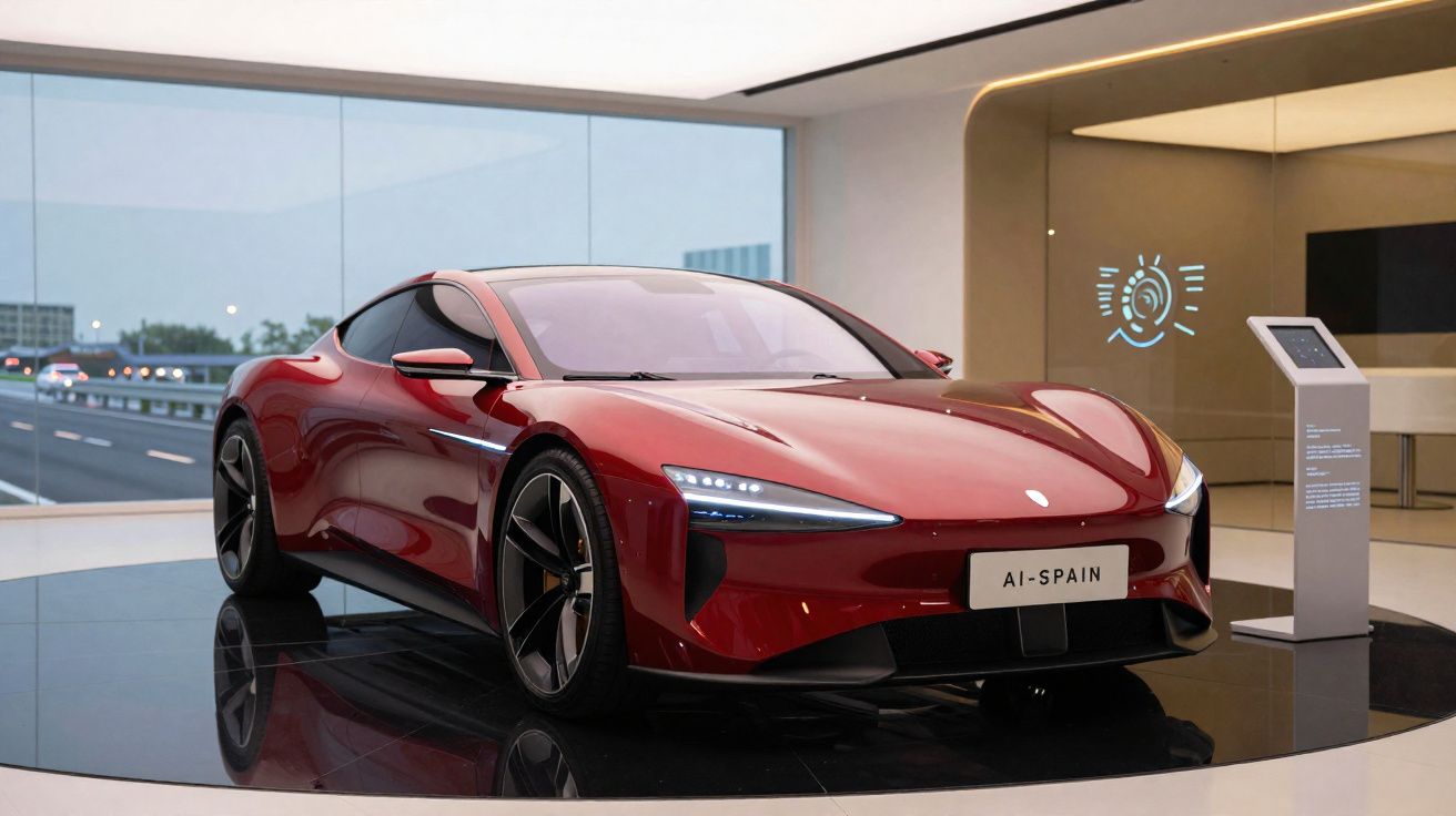 Carro esportivo vermelho exibido em plataforma giratória dentro de showroom moderno.