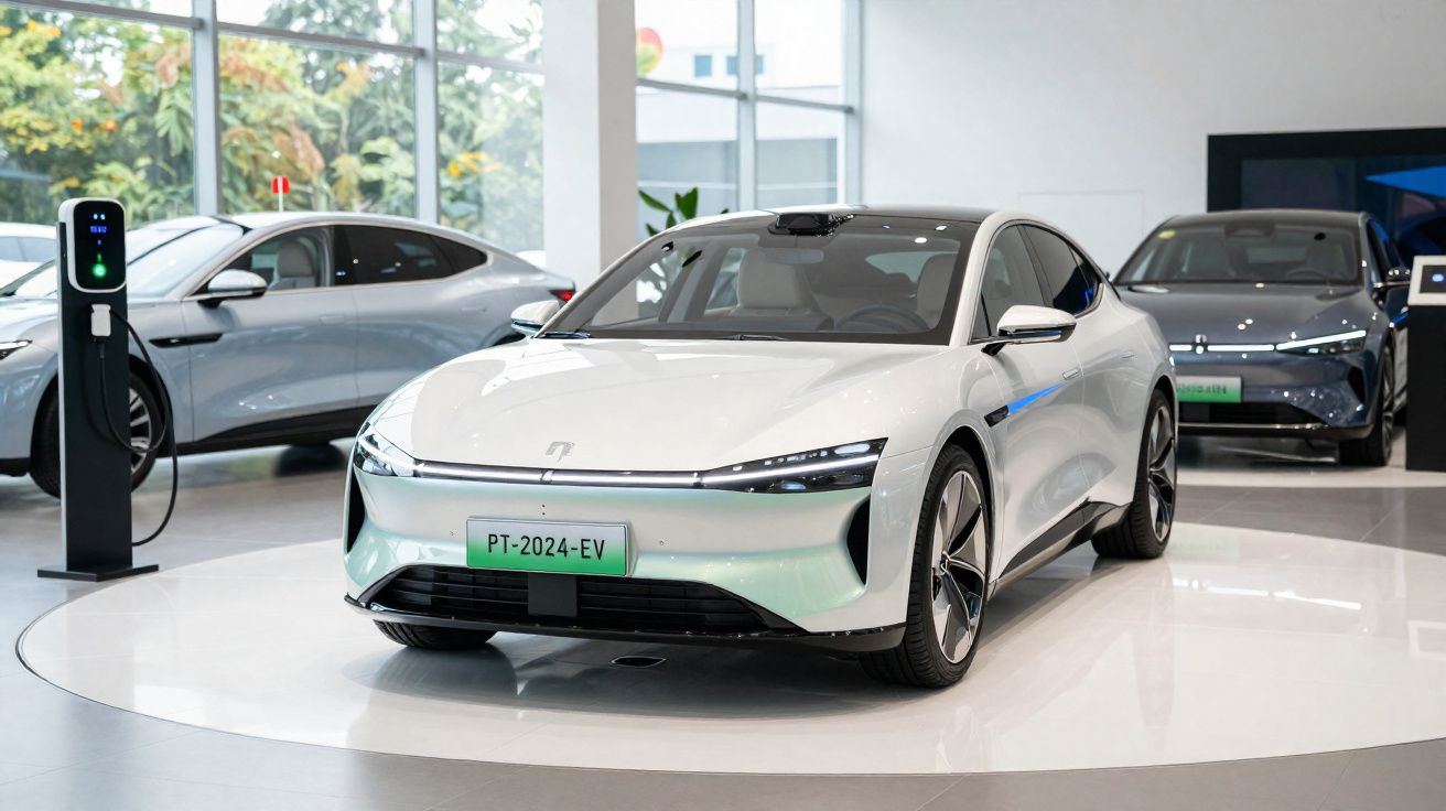 Carro elétrico branco em exibição em showroom moderno com estação de carregamento ao lado.