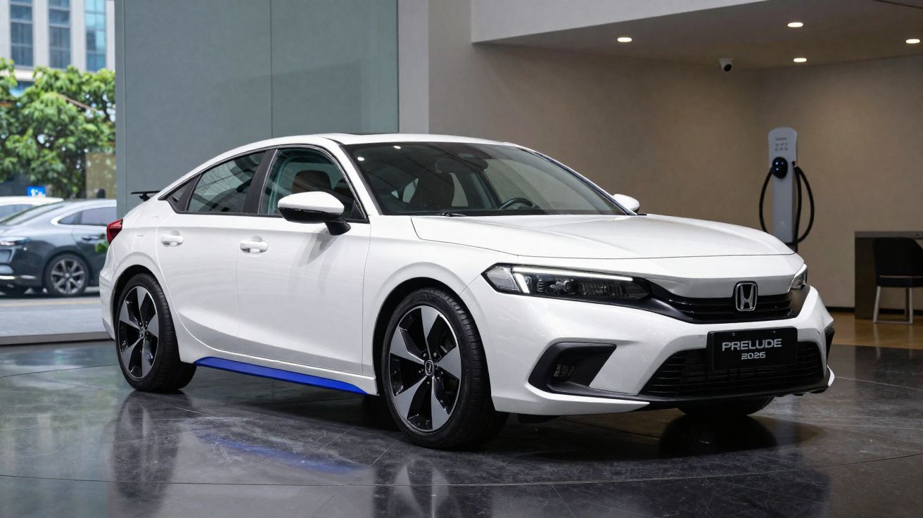 Carro branco Honda Prelude 2025 estacionado em ambiente moderno interno com carregador elétrico ao fundo.