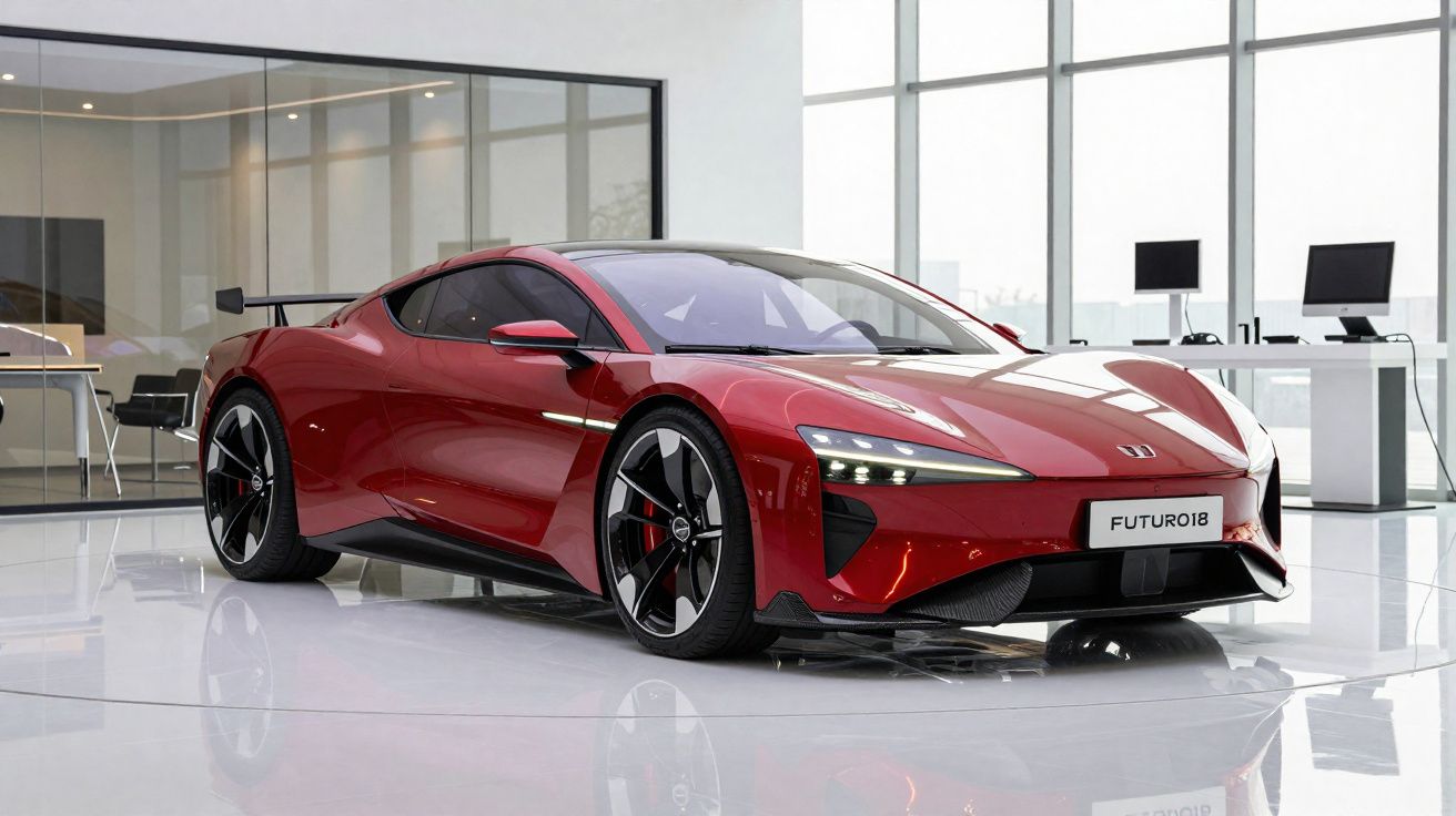 Carro esportivo elétrico vermelho estacionado em showroom moderno com janelas grandes e mobília branca.