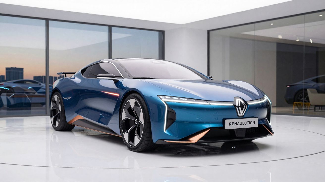 Carro esportivo azul elétrico conceito da Renault em exibição em ambiente interno moderno.