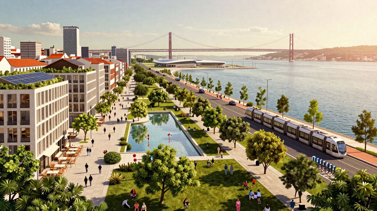 Área urbana com parque, pessoas, lago, bonde, prédios e ponte sobre rio ao fundo em dia ensolarado.