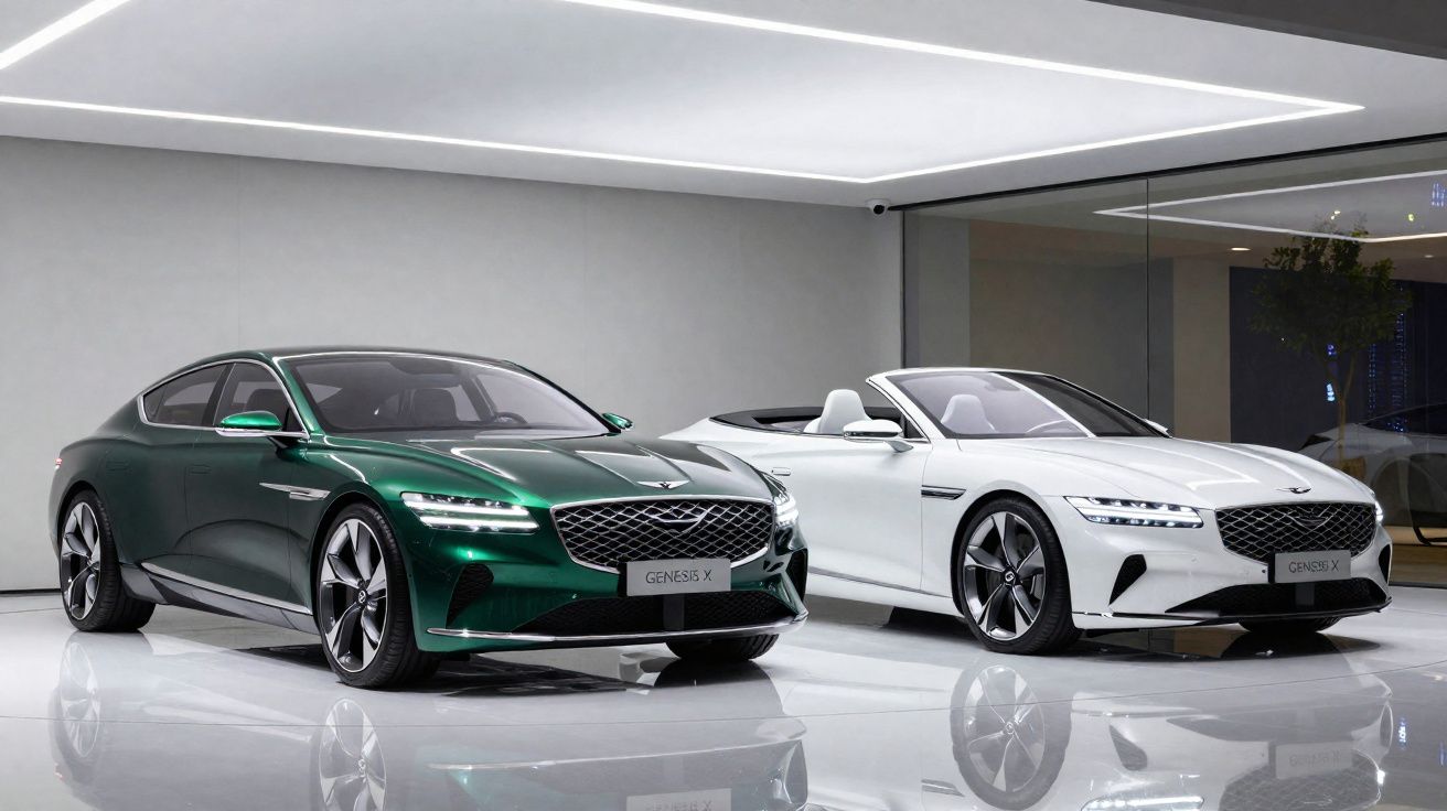 Dois carros Genesis X, um verde escuro cupê e um branco conversível, exibidos em ambiente moderno e iluminado.