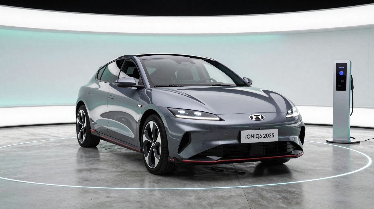 Carro elétrico Hyundai Ioniq 6 2025 cinza em exposição, com estação de carregamento ao lado.