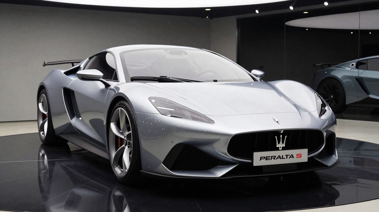 Carro esportivo prata Maserati Peralta S exibido em salão com piso brilhante e espelho ao fundo.