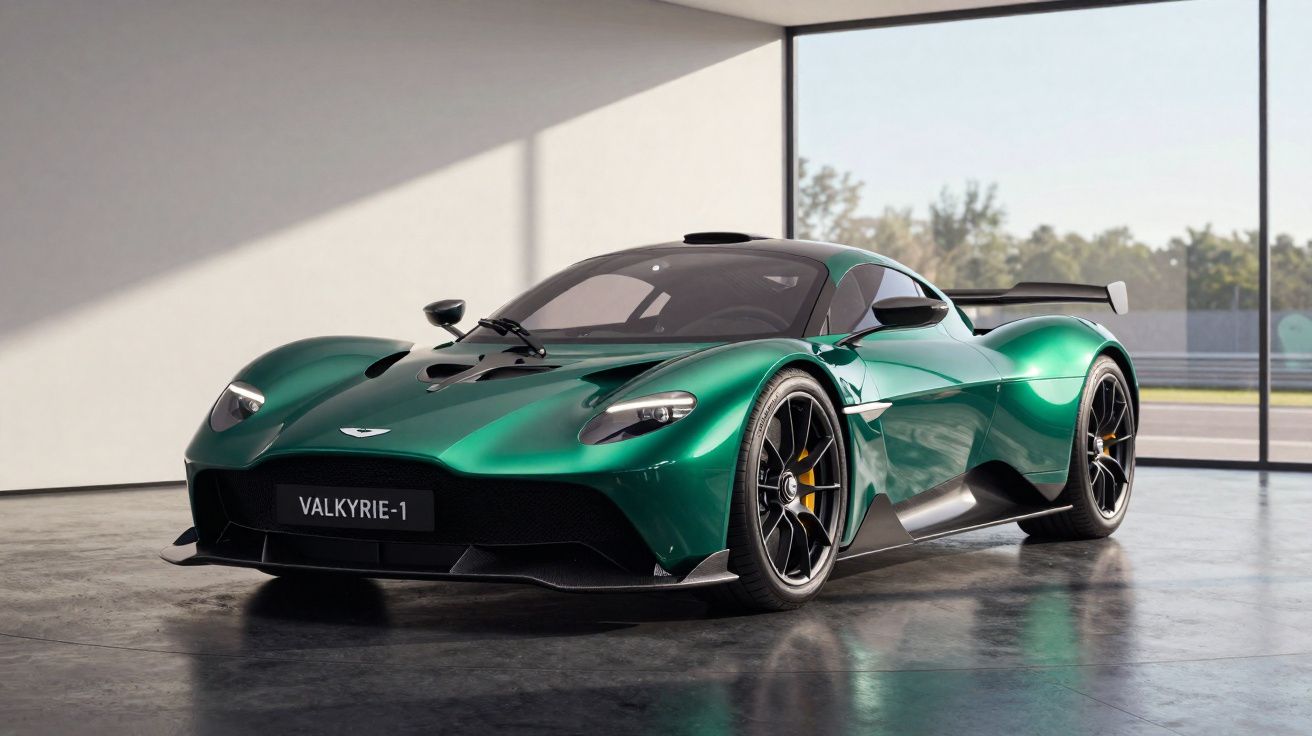Carro esportivo verde metálico Aston Martin Valkyrie em garagem moderna com grandes janelas.