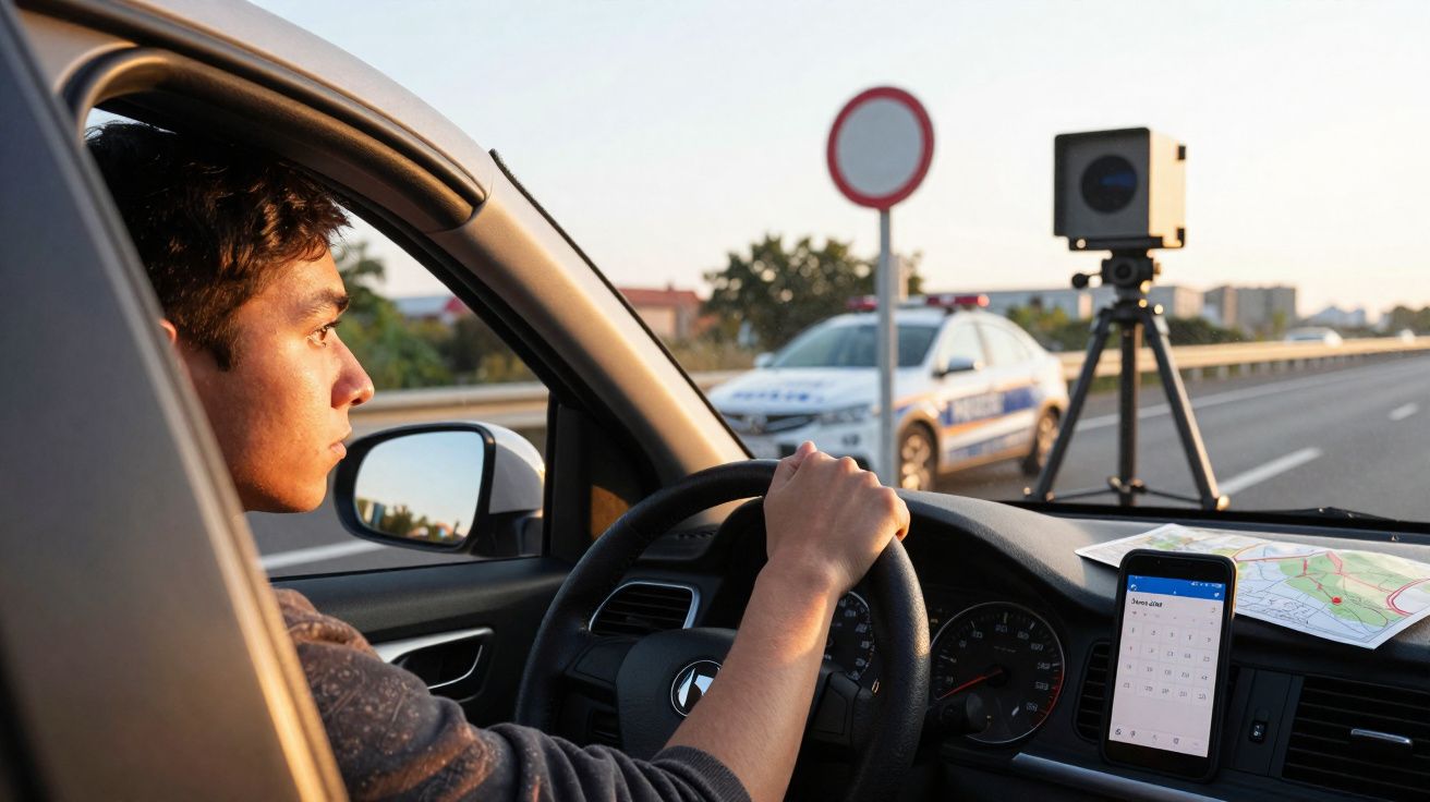 Homem dirigindo carro próximo a radar de velocidade e viatura da polícia em estrada.