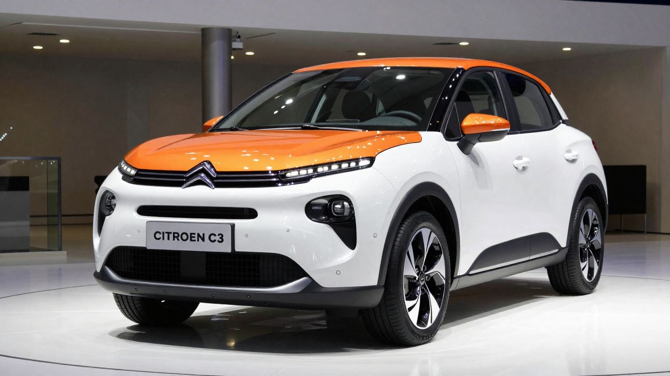 Carro Citroën C3 branco com teto e capô laranja exibido em salão de automóveis.