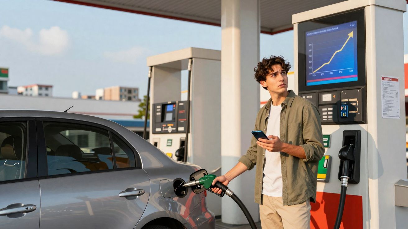 Homem com expressão preocupada abastecendo carro em posto de gasolina enquanto olha para tela digital.