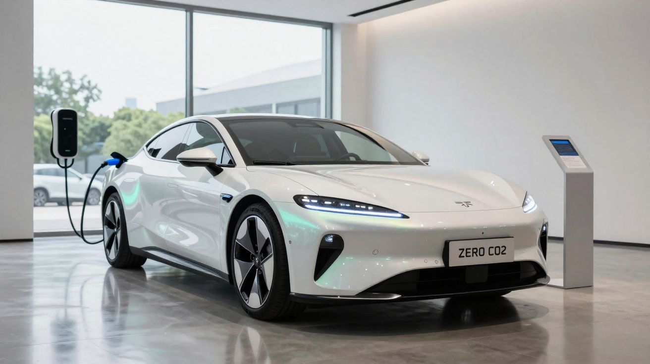 Carro elétrico branco sendo carregado em estação dentro de showroom moderno com piso brilhante.