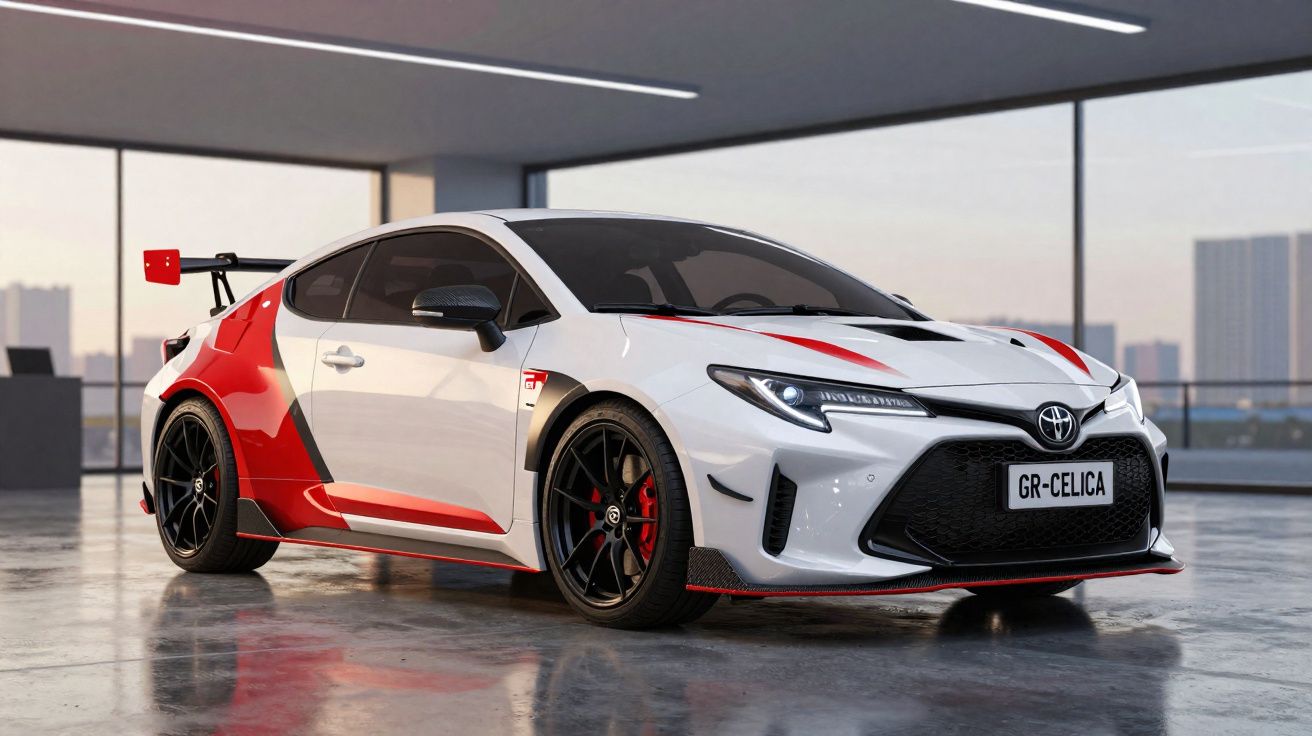 Carro esportivo branco e vermelho Toyota GR-Celica em garagem com vidro e vista urbana ao fundo.