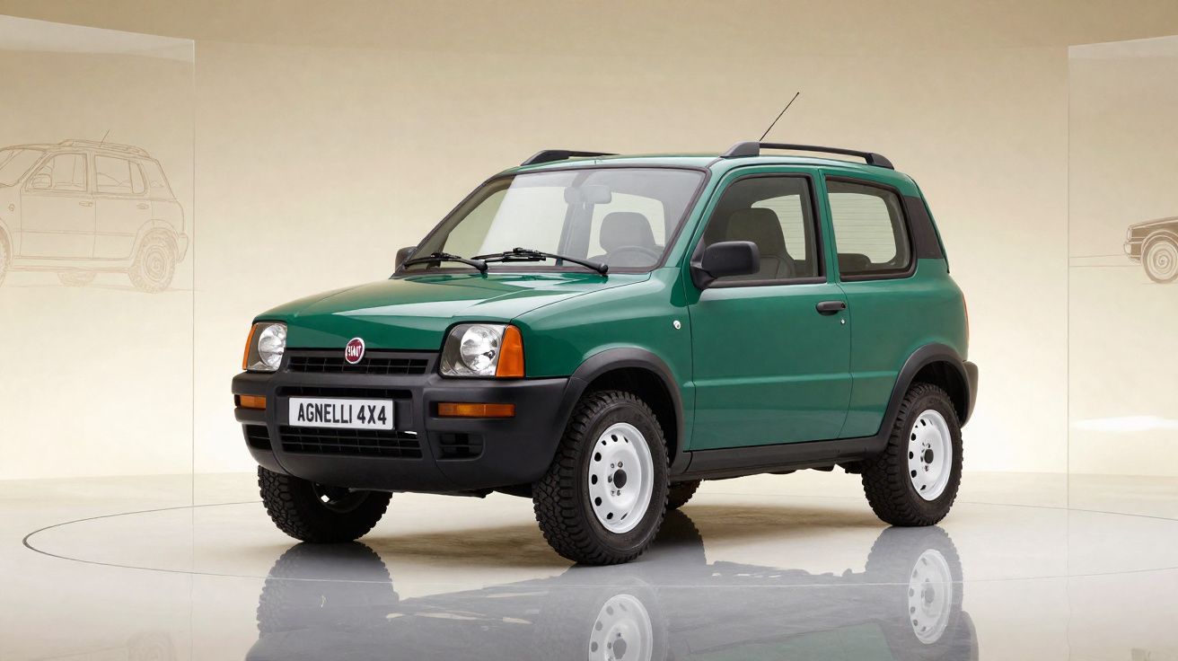 Carro SUV verde Fiat Agnelli 4x4 em estúdio com fundo bege e pneus para terreno off-road.