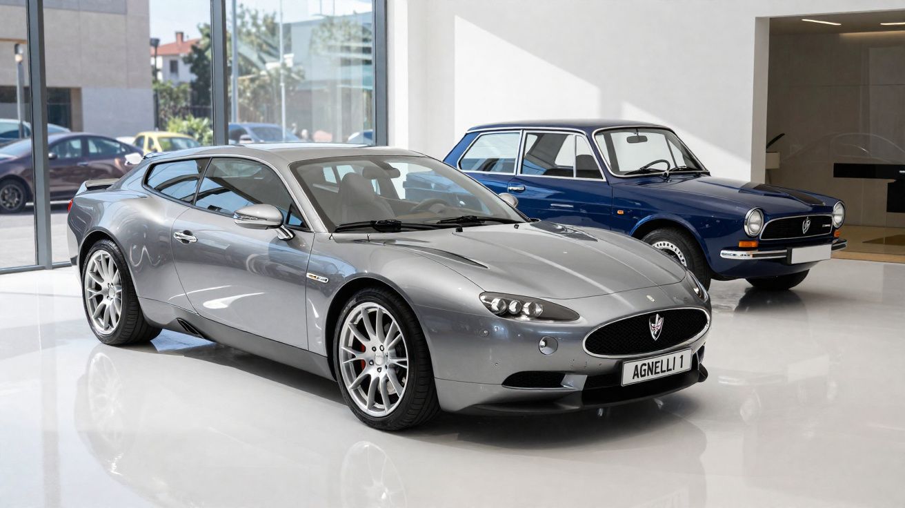 Dois carros esportivos estacionados em ambiente interno, um prata moderno e um azul clássico.