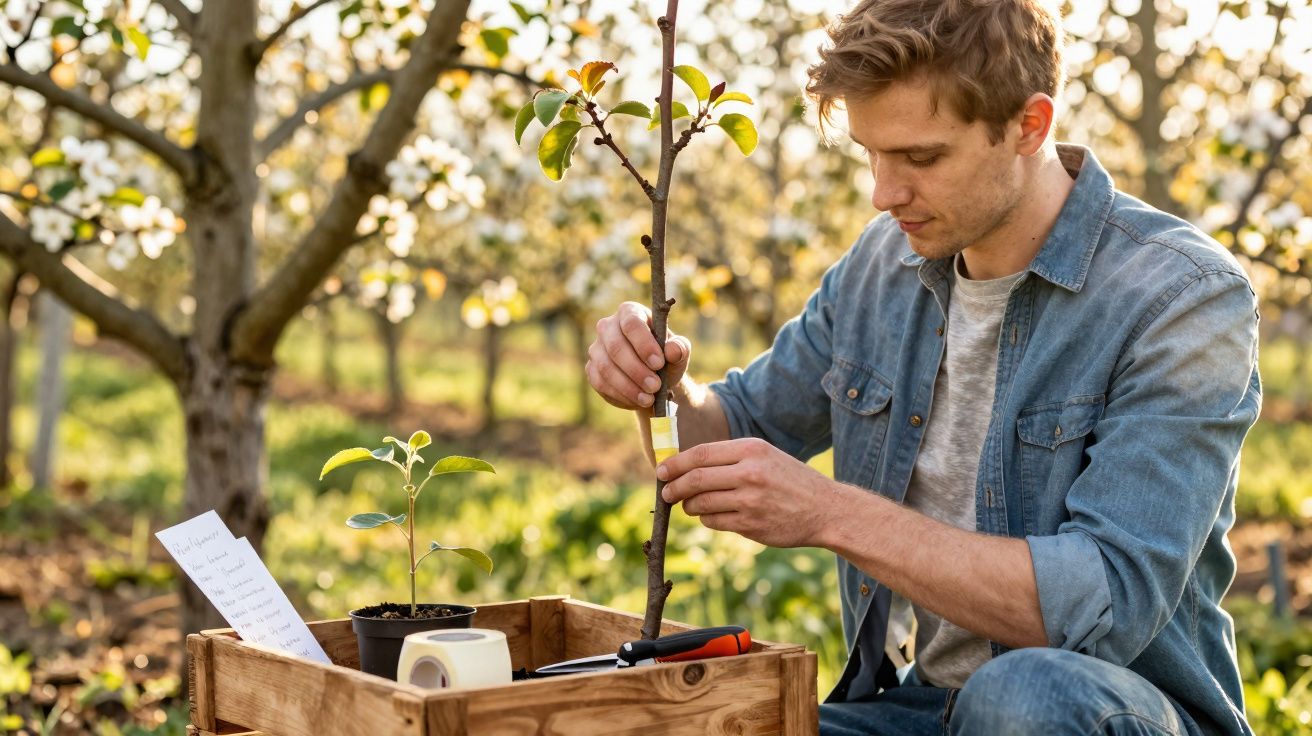 Jovem trabalhando em viveiro, cuidando de mudas e etiquetando planta em caixa de madeira ao ar livre.