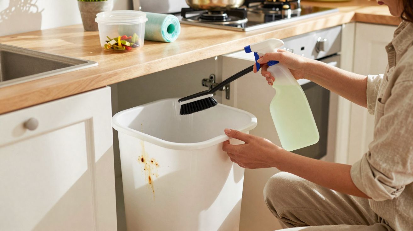 Pessoa limpando lixeira branca com escova e borrifador em cozinha clara com bancada de madeira.