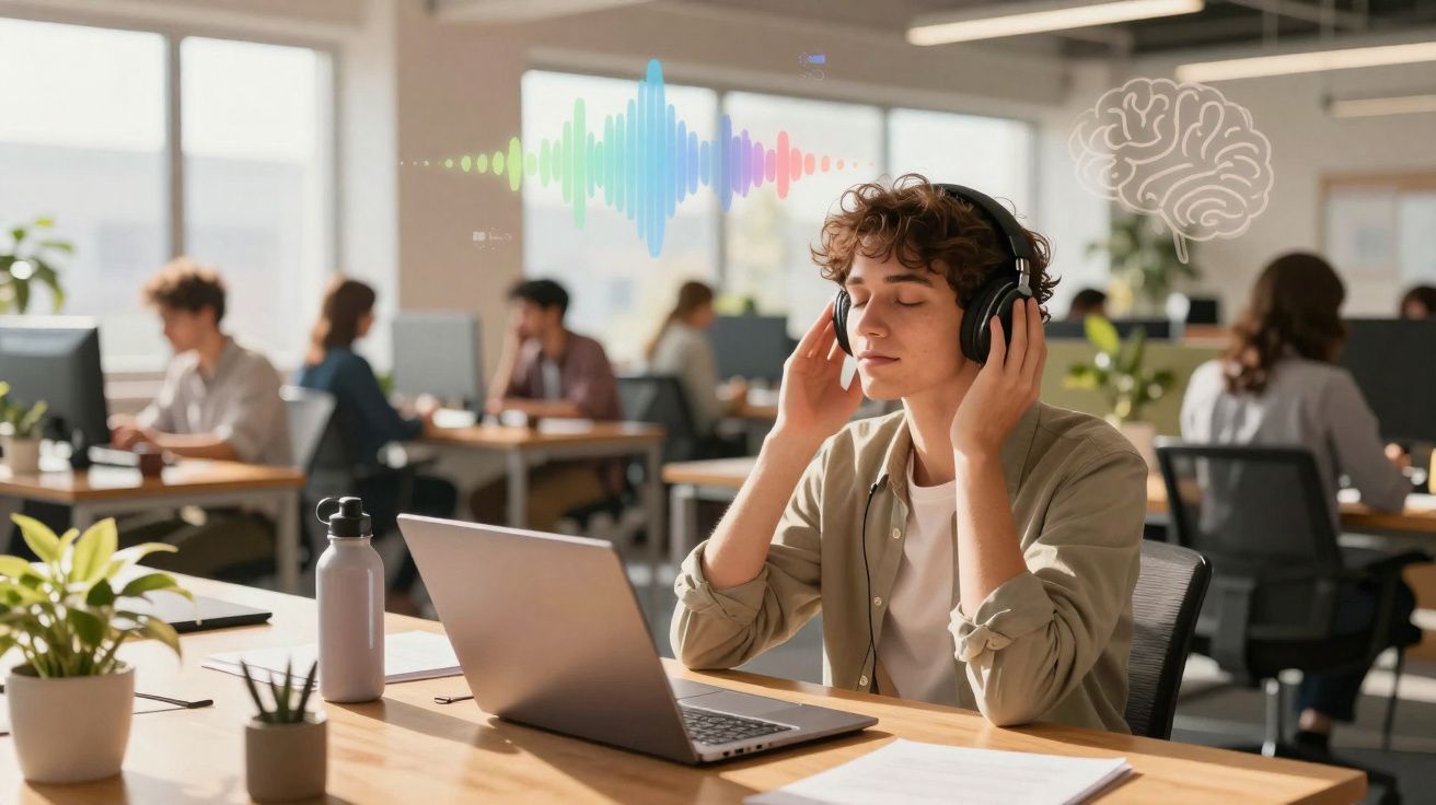 Jovem de olhos fechados ouvindo música com fones em escritório moderno com várias pessoas trabalhando.