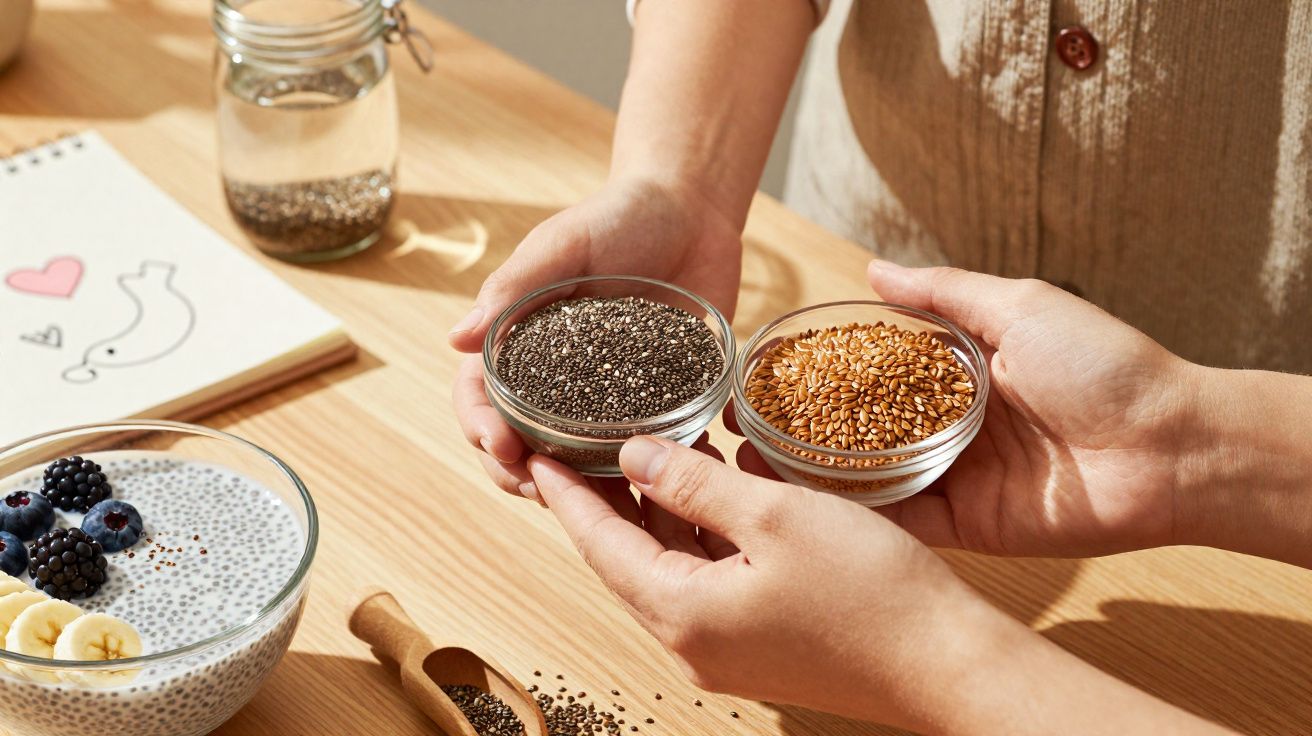 Mãos segurando potes de vidro com sementes de chia e linhaça sobre mesa com iogurte e frutas.