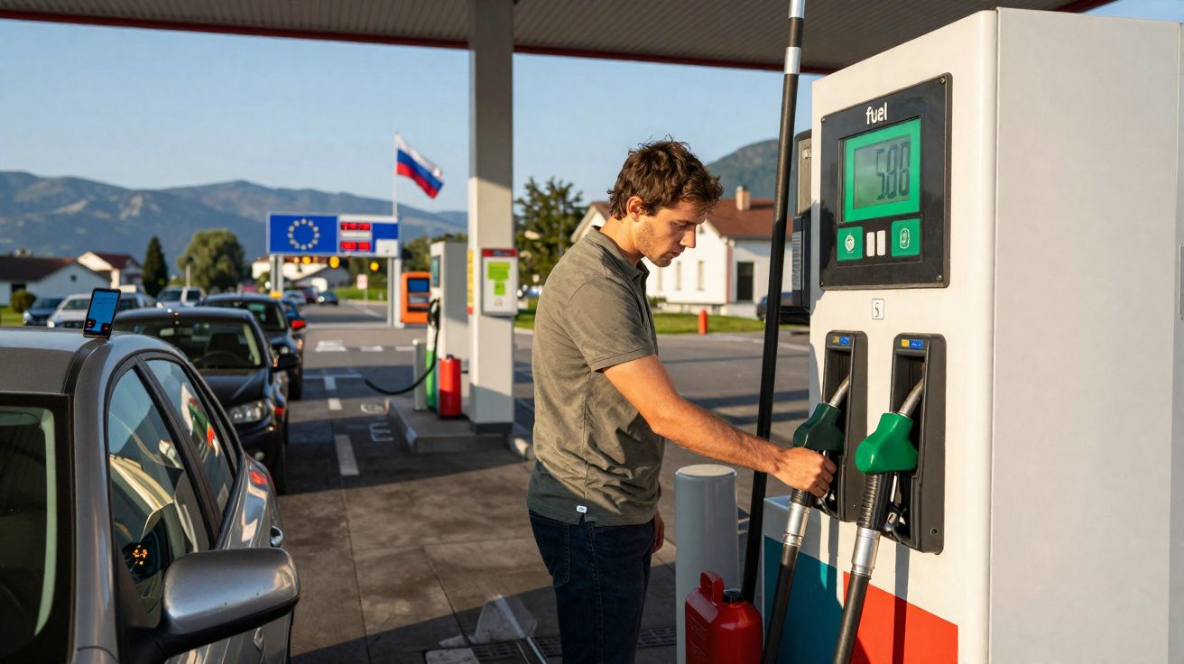 Homem abastecendo carro em posto de gasolina com bandeiras da União Europeia e Rússia ao fundo.