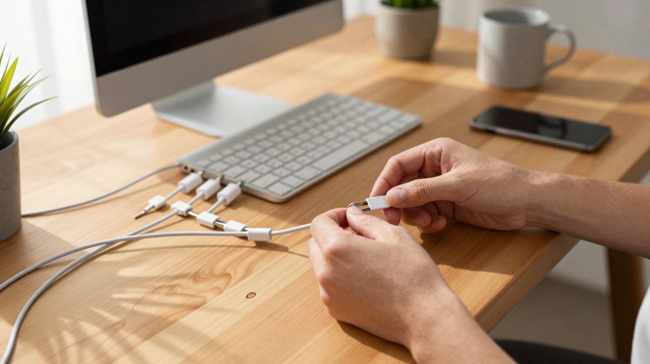 Mãos conectando cabos USB a um teclado em mesa de madeira com computador, celular e xícara ao fundo.