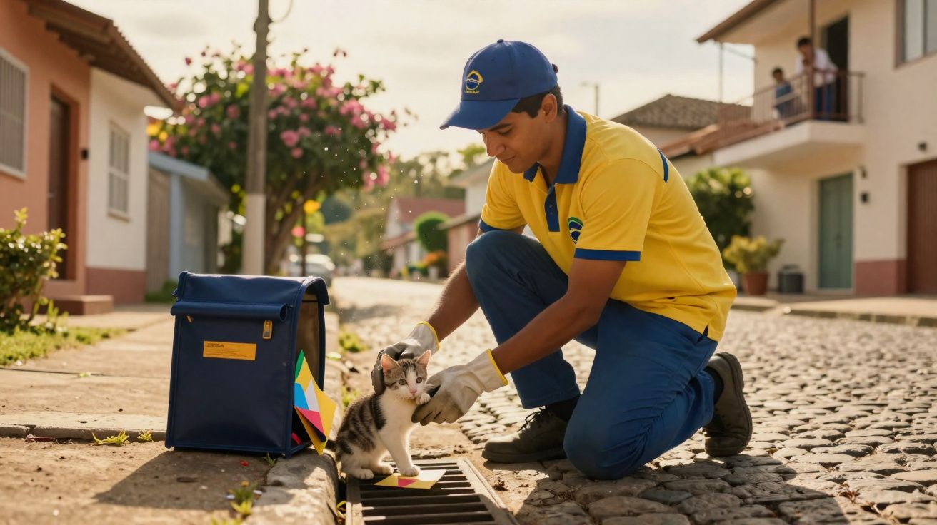 Carteiro agachado acaricia gato próximo a bueiro em rua de paralelepípedo durante entrega.