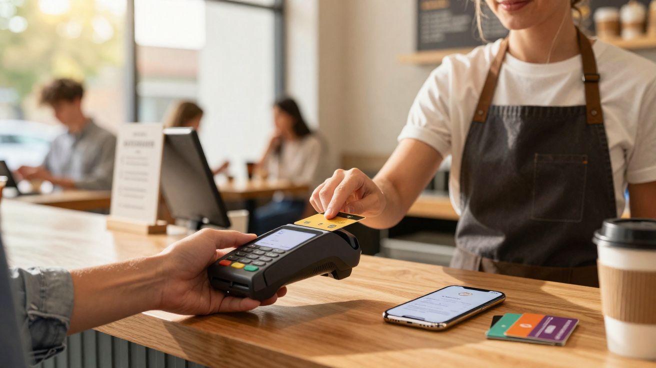 Cliente efetuando pagamento por aproximação com cartão em café, atendente usando avental sorrindo ao fundo.