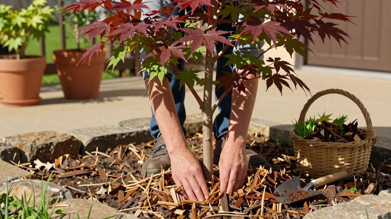 Pessoa usando botas cuidando de uma muda de árvore com folhas vermelhas em jardim com cesta e regador.