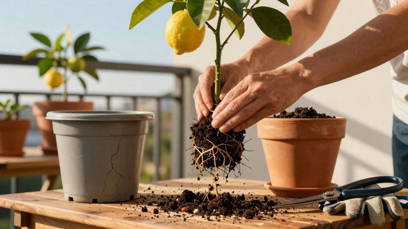 Mãos transplantando muda de limão com raiz exposta em vaso, mesa de madeira, utensílios de jardinagem ao lado.