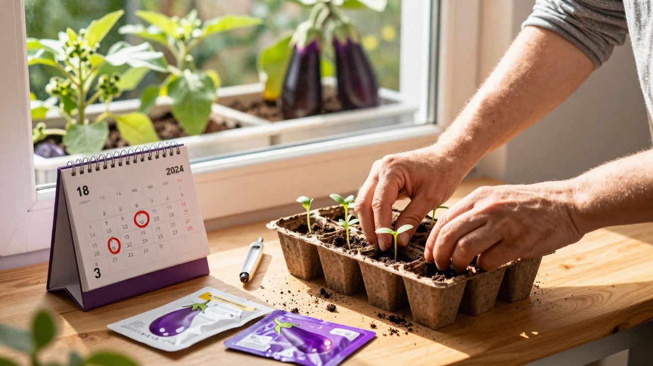 Mãos plantando mudas em bandeja com sementes de berinjela, calendário e plantas ao fundo na janela.