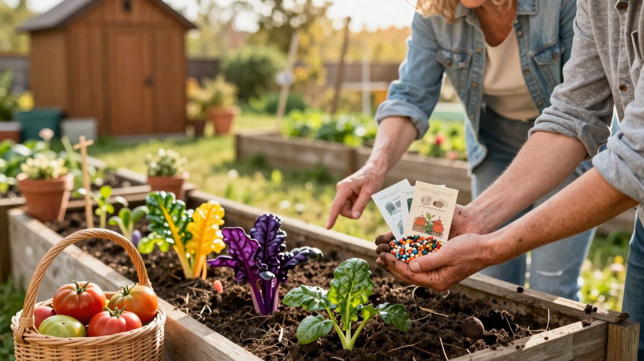 Duas pessoas plantando sementes em canteiro com mudas coloridas e cesta com tomates ao lado.