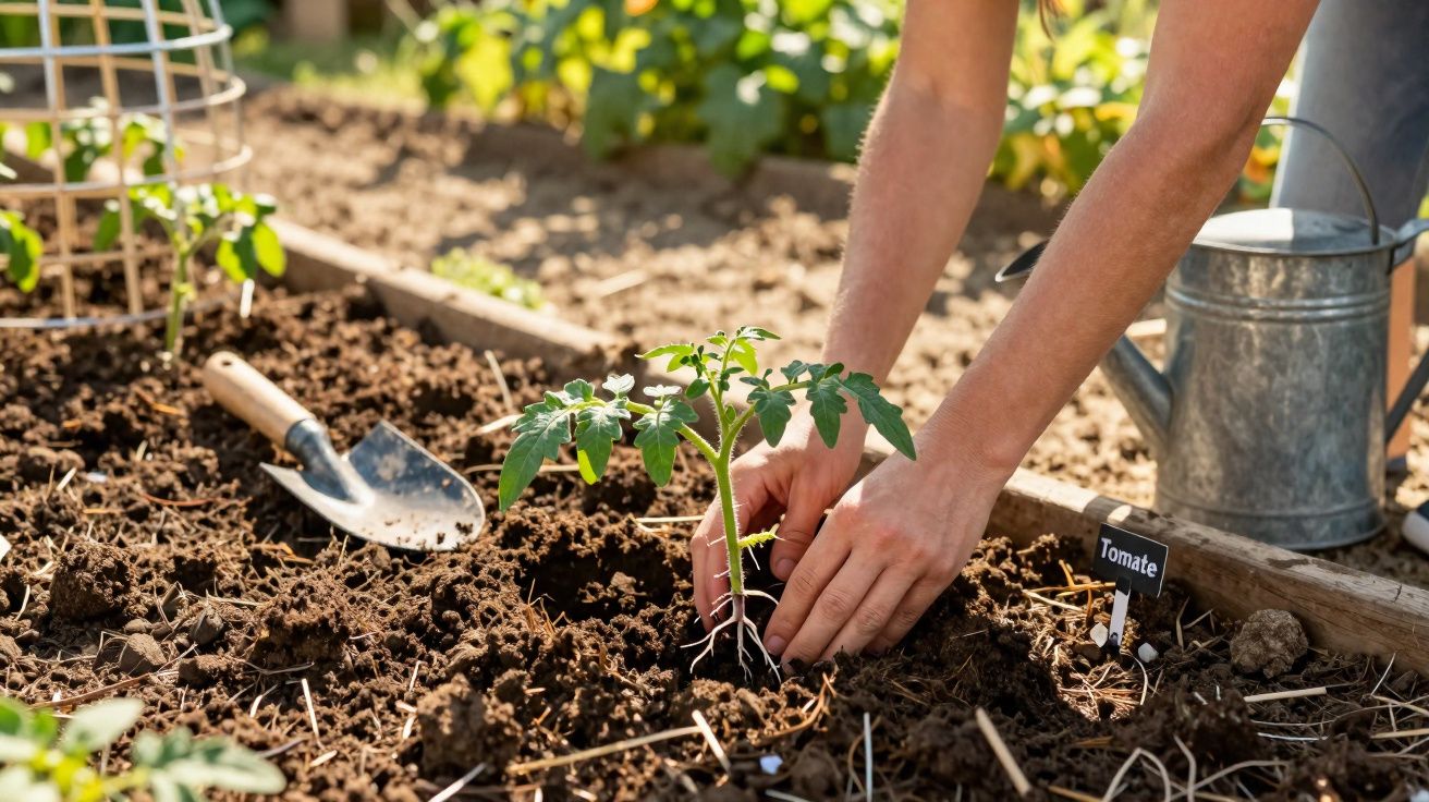 Mãos plantando muda de tomate em solo fértil com regador e pá ao fundo em horta ensolarada.