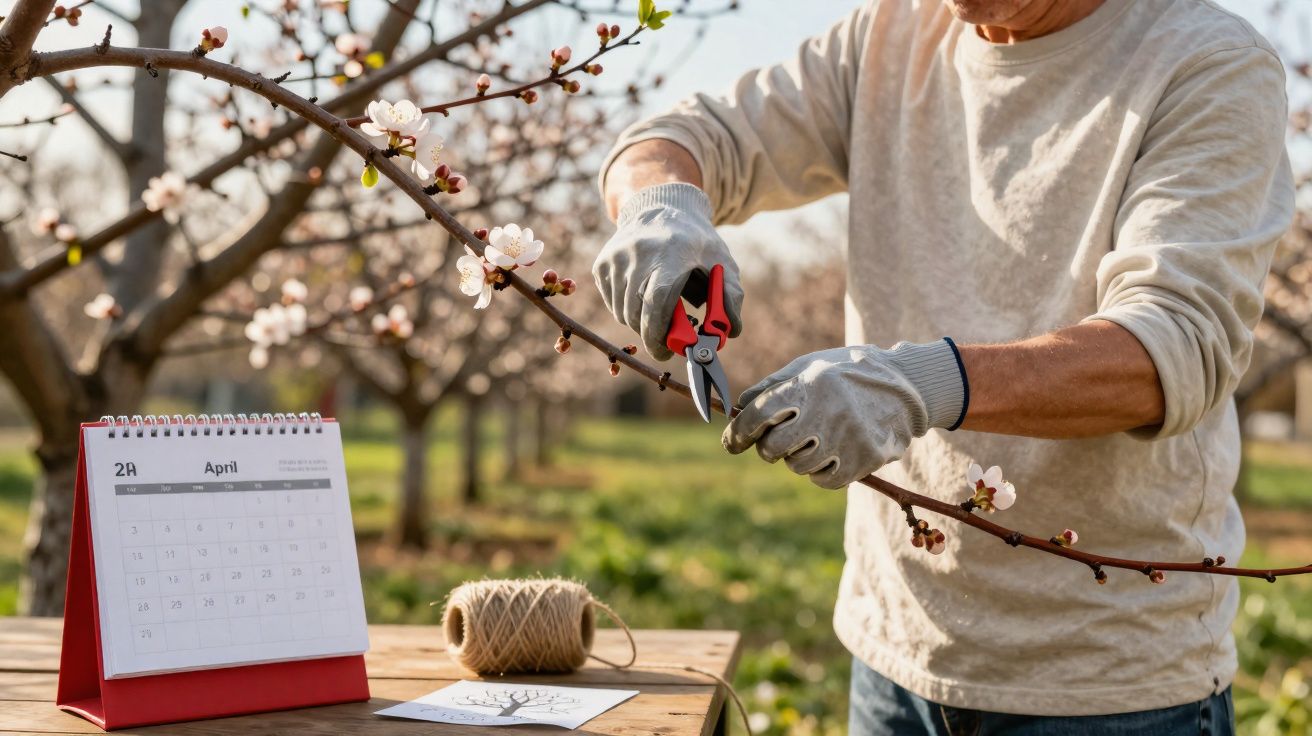 Pessoa podando ramo florido em pomar, calendário aberto em abril e carretel de barbante sobre mesa de madeira.