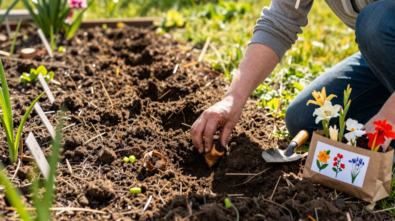Pessoa plantando bulbo de flor em canteiro de terra em jardim ensolarado.