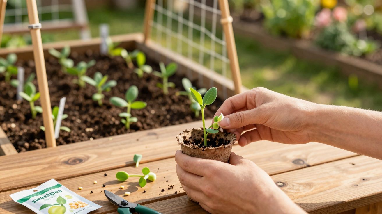 Mãos seguram vaso com muda de planta em mesa de madeira, com outras mudas e sementes ao fundo.