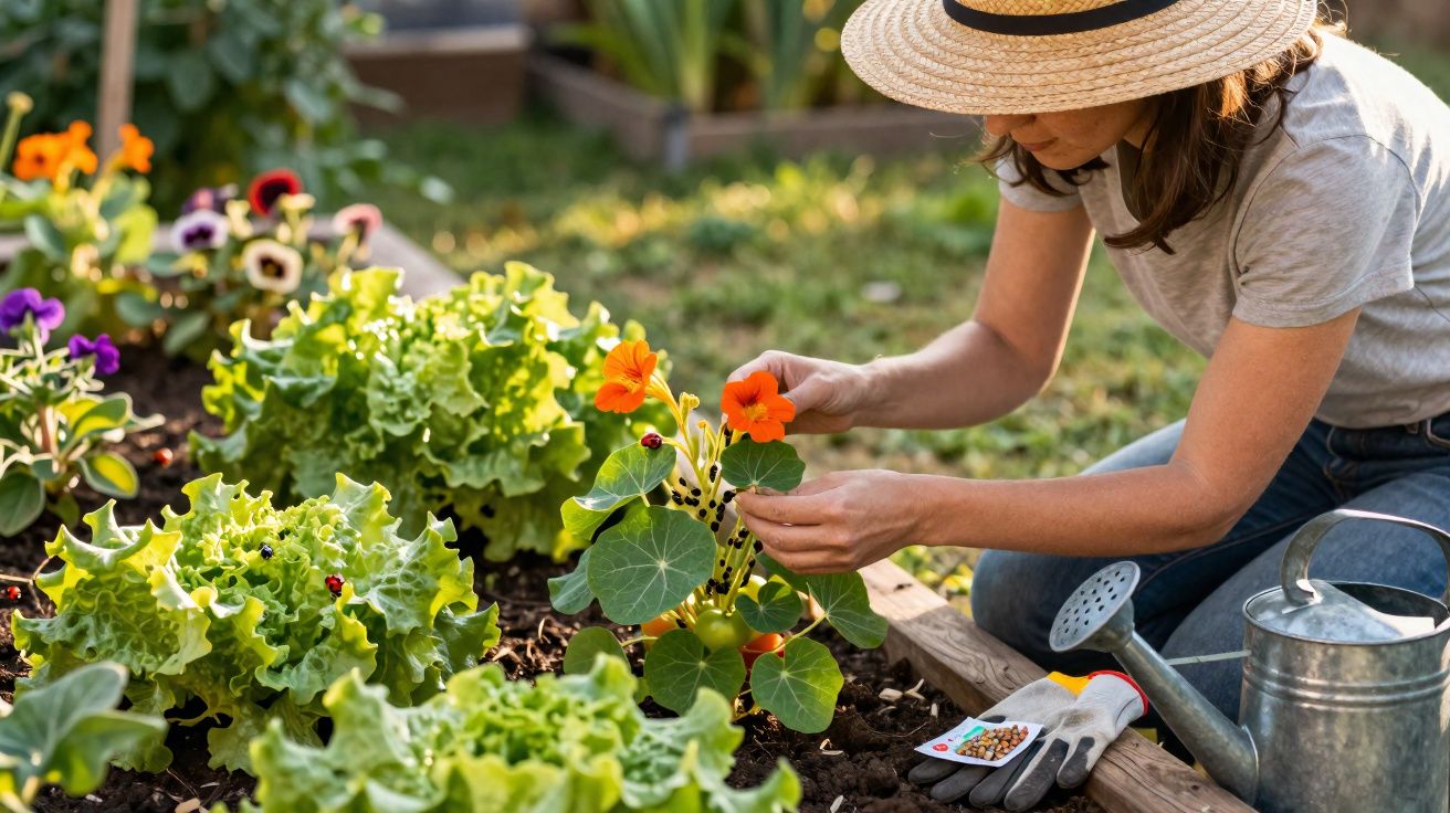 Mulher com chapéu cuidando de flores e alfaces em horta elevada ao ar livre, ao pôr do sol.