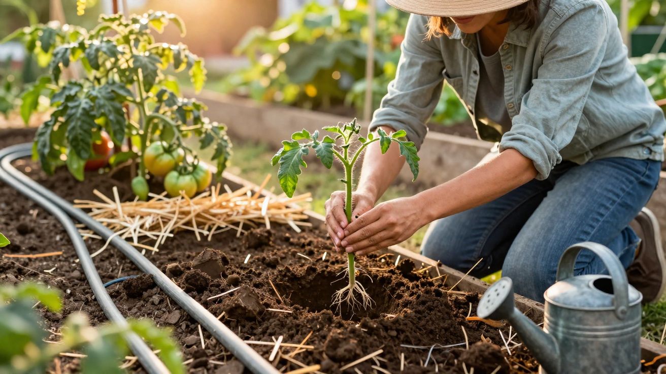 Pessoa plantando muda de tomateiro em jardim com regador e tomates verdes ao fundo.