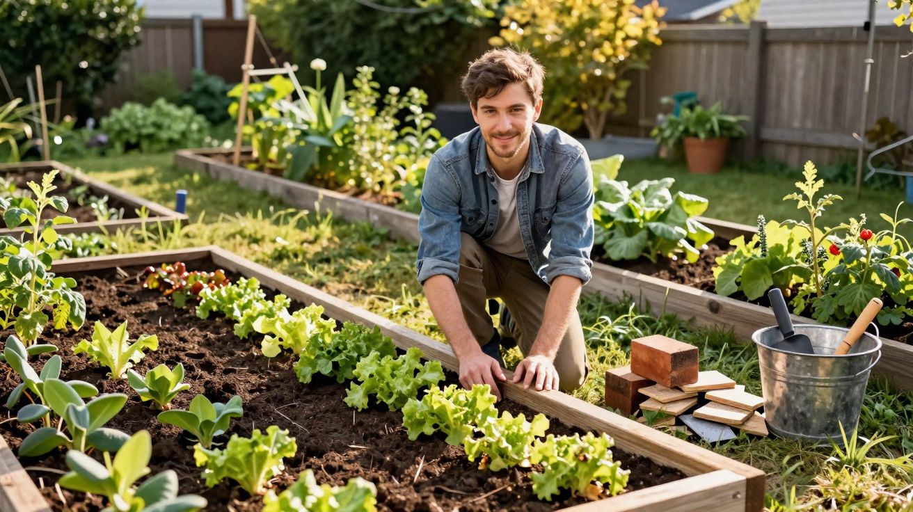 Jovem cuidando de hortaliças em canteiros elevados no jardim de uma casa ensolarada.
