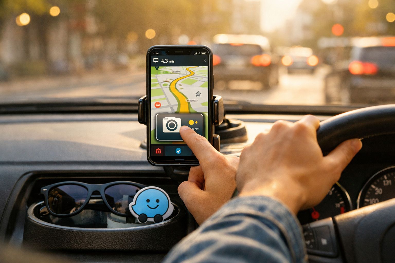 Pessoa usando aplicativo de GPS no celular fixado no carro enquanto dirige, com óculos no painel.