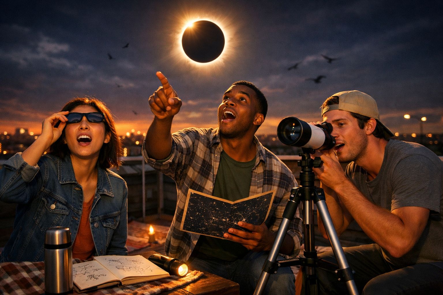 Três pessoas observando eclipse solar com telescópio e mapa astronômico durante o entardecer na cidade.