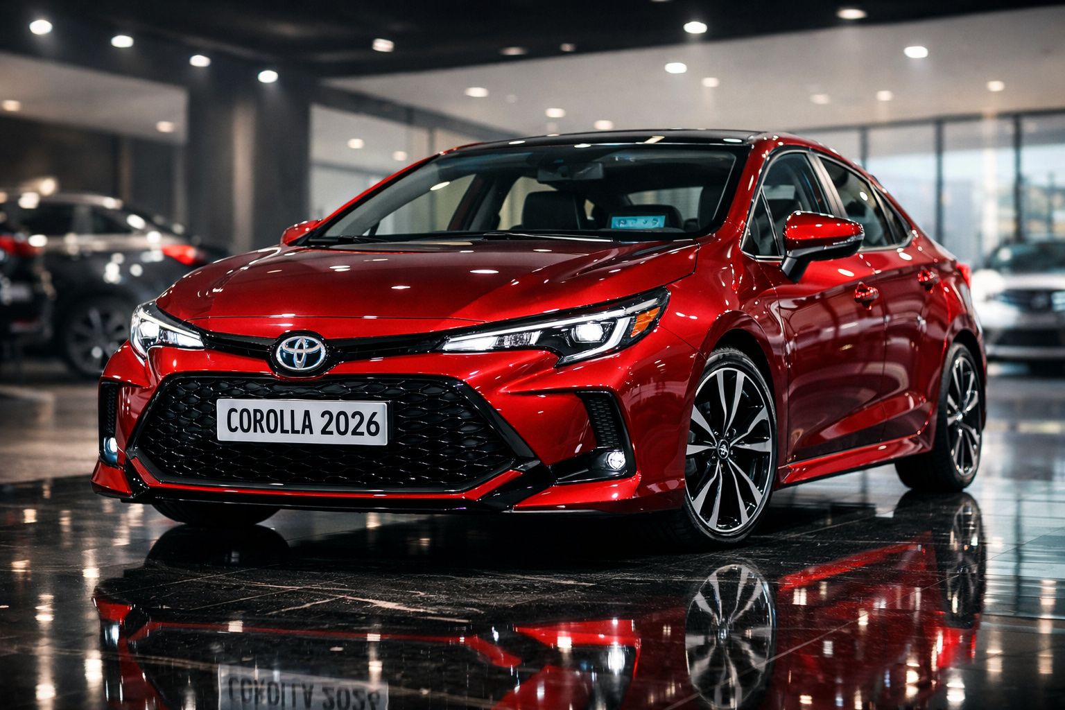 Carro Toyota Corolla 2026 vermelho em exposição interna com ambiente moderno e piso refletivo.