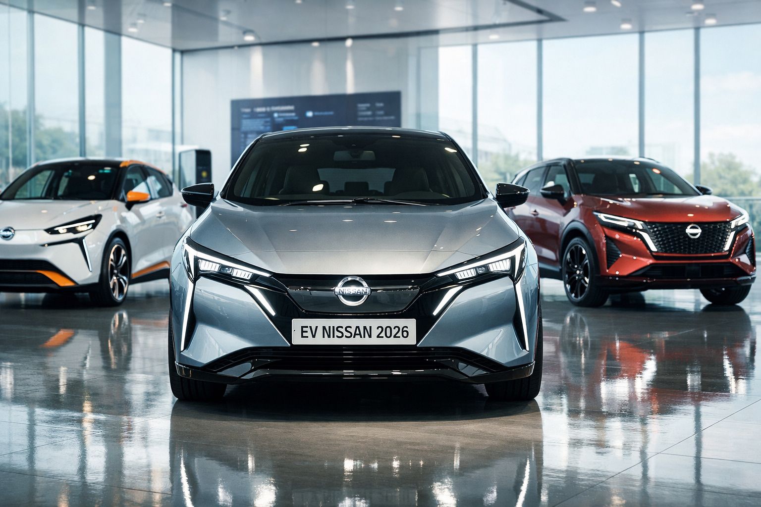 Carros elétricos Nissan expostos em showroom moderno com piso refletivo e muita luz natural.