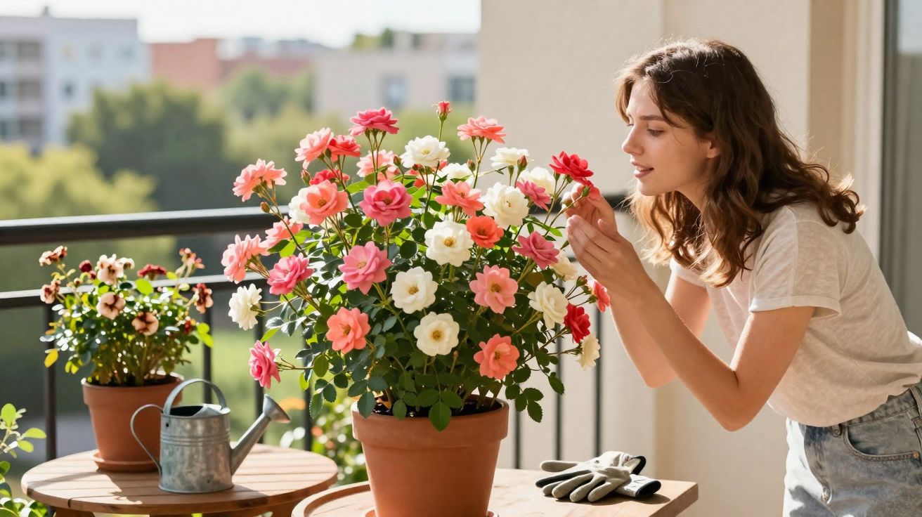 Mulher cuidando de flores coloridas em vaso grande na varanda ensolarada de apartamento.