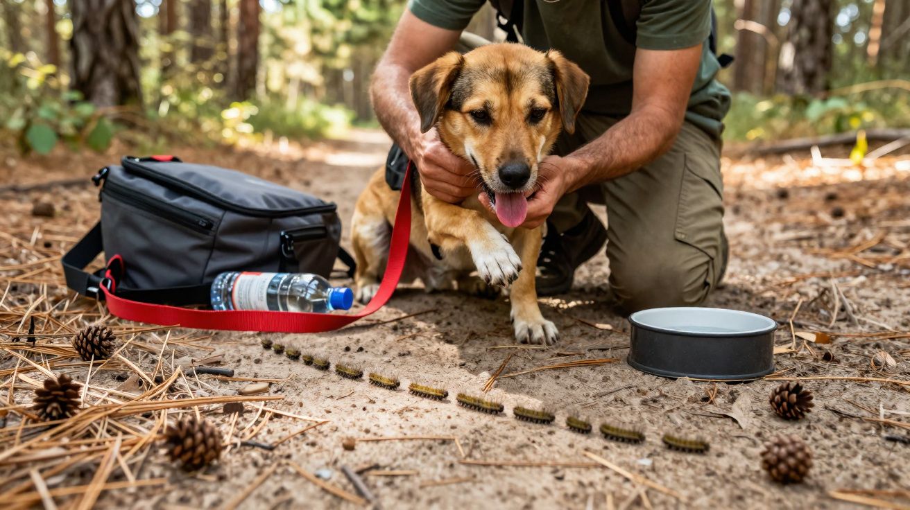 Homem com mochila e água oferece ajuda a cachorro na trilha de floresta cercada por pinhas e lagartas.