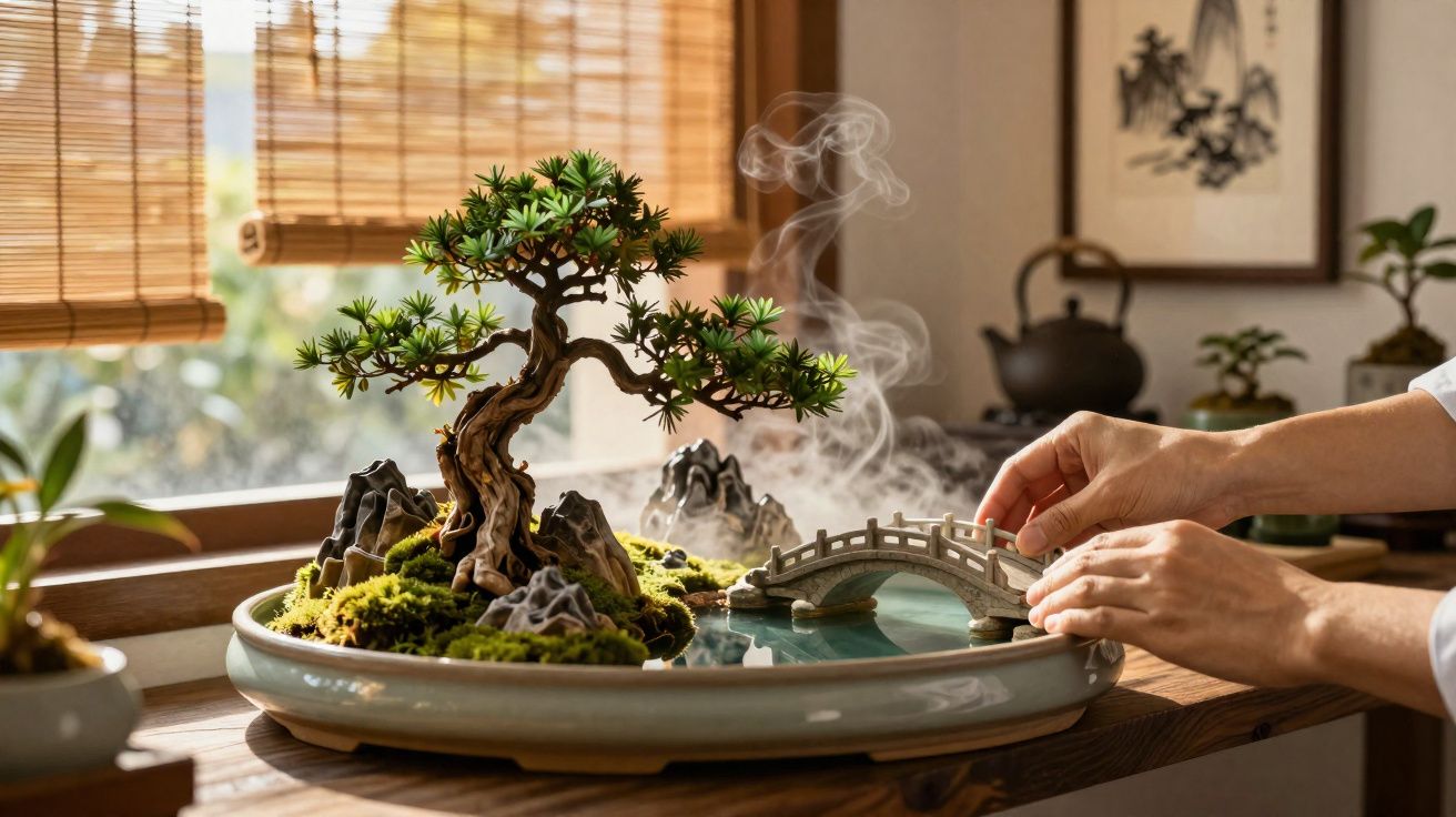 Pessoa ajustando miniatura de jardim com árvore bonsai, ponte e pedras em bandeja decorativa dentro de casa iluminada.