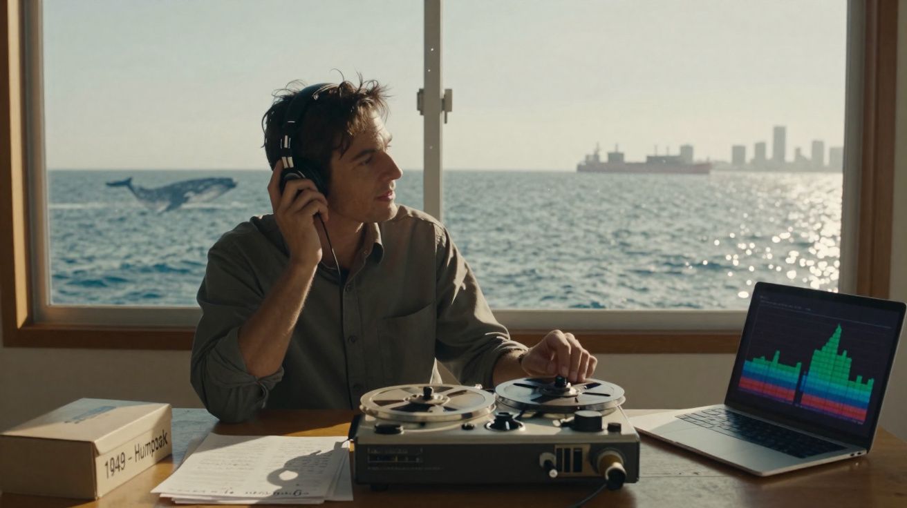 Homem ouvindo áudio com fones, usando gravador de rolos e laptop à beira-mar em janela ampla.
