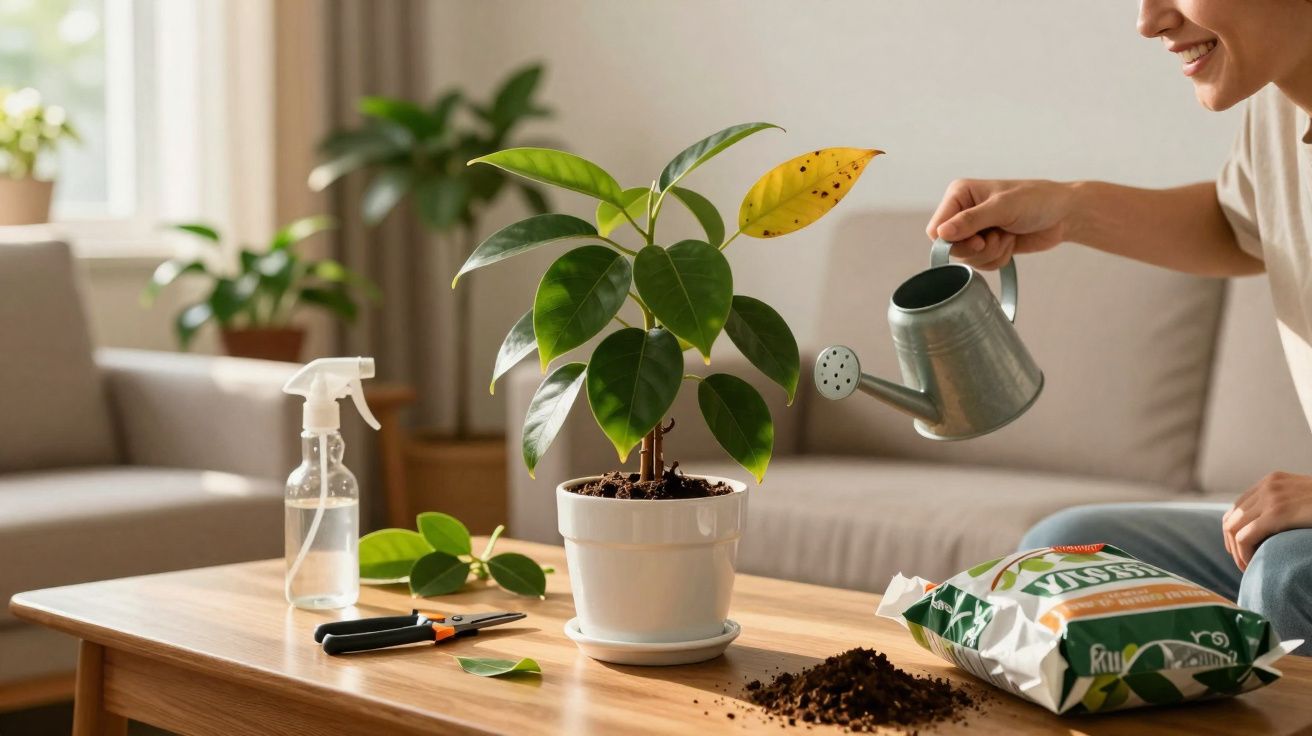 Pessoa regando planta em vaso sobre mesa com terra, tesoura, pulverizador e saco de adubo em sala iluminada.