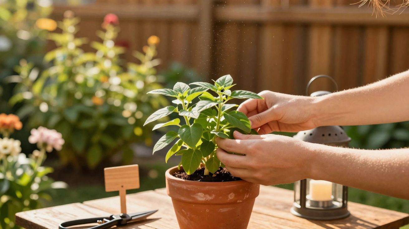 Pessoa cuidando de planta em vaso de barro sobre mesa de madeira em jardim ensolarado.