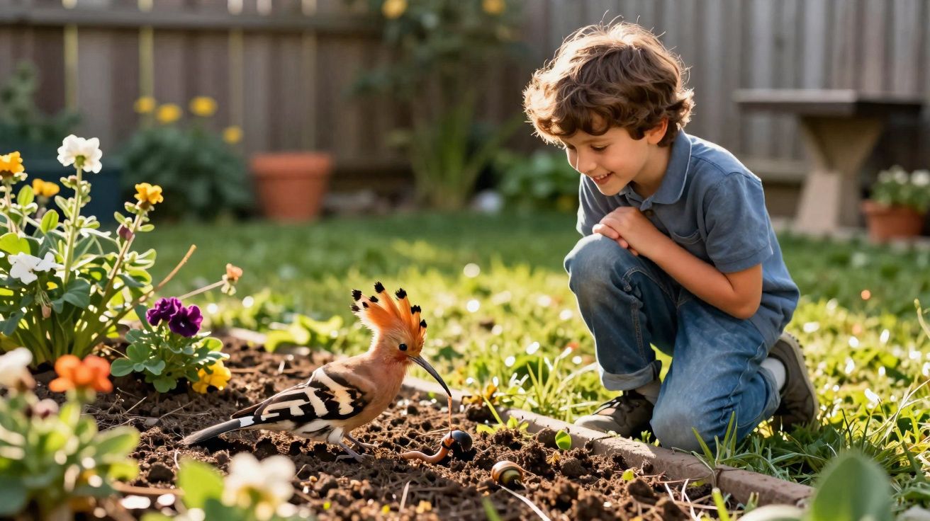 Garoto sorridente agachado observando pássaro colorido em jardim florido ensolarado.