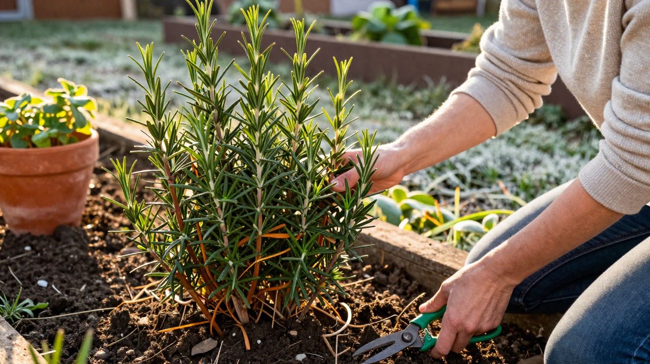 Pessoa cuidando de planta aromática em jardim, com tesoura de poda na mão e vaso de barro ao fundo.