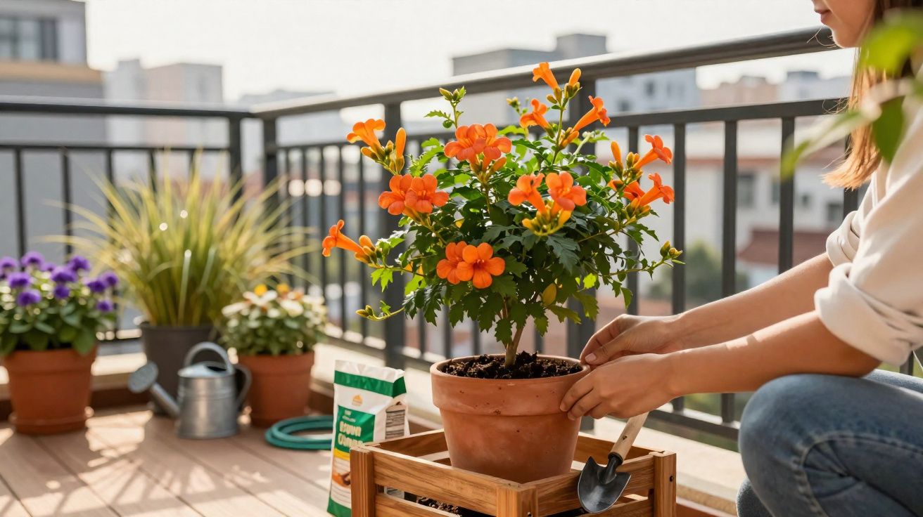 Pessoa cuidando de planta com flores laranja em vaso no terraço com outras plantas ao fundo.